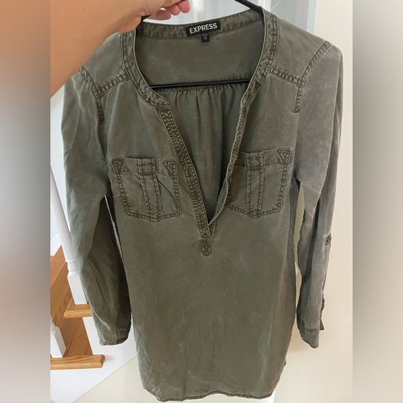 Express XS Shirt Dress Roll Tab Long Sleeves Faded Green Olive Distressed - Picture 3 of 10